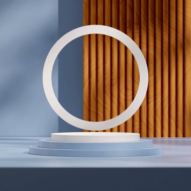 Daire ve ahşap arka planı olan mavi ve beyaz podyum kare şablon modelleme