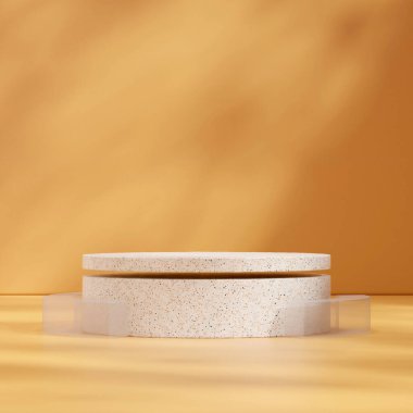 Yüzen terrazzo desenli podyum 3d model görüntüsü sarı arkaplanlı kare şeklinde