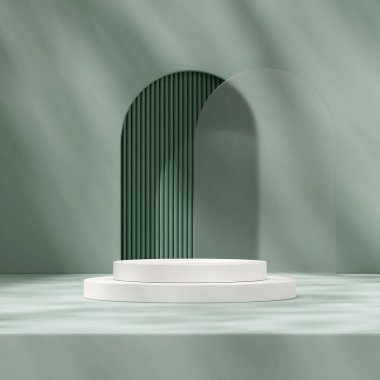 Yeşil duvar, cam ve kemer duvarlı beyaz podyumun 3D modelleme şablonu