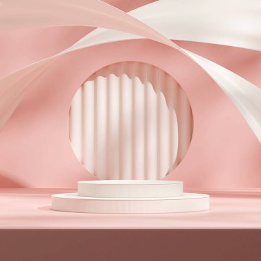 Yüzen kumaş 3d modelleme şablonu, kare şeklinde beyaz podyum ve pembe duvarda çember deliği.