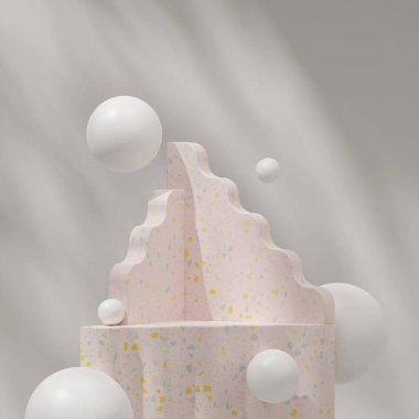 Loş ışık 3D görüntüleme boş sahne kare pembe terrazzo desen ve yüzen top ile