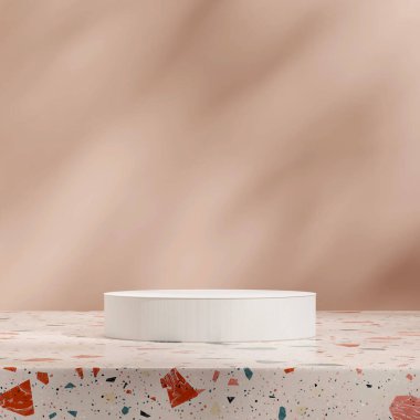 Terrazzo desenli, kare şeklinde beyaz podyumun minimum 3D görüntüleme şablonu