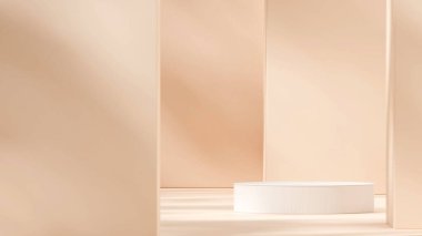 Beyaz podyumun gölgesi ve sütunuyla peyzaj düzenindeki 3D canlandırma sahnesi