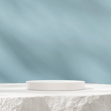 En az açık mavi arkaplan ile beyaz silindir podyumun 3d modellemesi