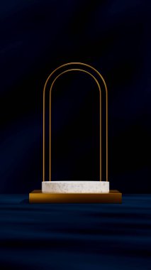 Koyu mavi sahne arkaplan 3d. Beyaz podyumun portresi altın kemer arkaplanlı.