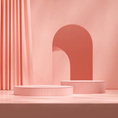 3D modelleme pastel pembe sahne podyumu ürünü, perde ve kemerli.
