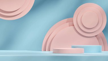 Pembe ve mavi renk sahne 3d model şablon podyumu çember arkaplanlı manzara