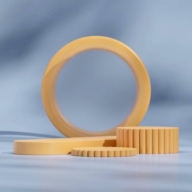 Gölge mavisi sahne 3d kare düzende sarı ürün podyumunun boş sahnesini görüntülüyor