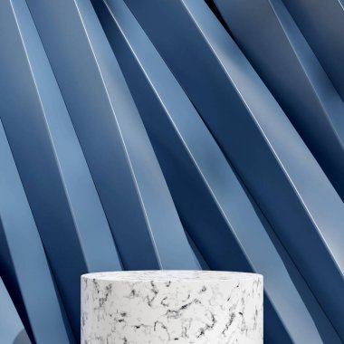 Çarpık mavi geometrik şekil 3d, kare şeklinde beyaz mermer desenli podyum oluşturma sahnesi