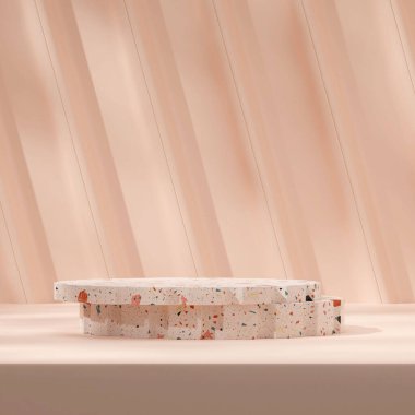 Açık pembe desenli duvar. 3D canlandırma sahnesi. Renkli terrazzo desenli kare podyum.