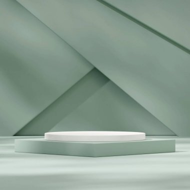 Üçgen geometrik şekilli beyaz ve yeşil podyumun şablon modellemesi 3d