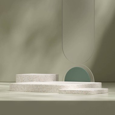 3 boyutlu terrazzo desenli podyum şablonu dökülen cam yeşil duvarlı.