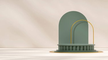 Kemer ve altın halka arka plan 3D görüntü şablon oluşturma yeşil silindir podyum manzara