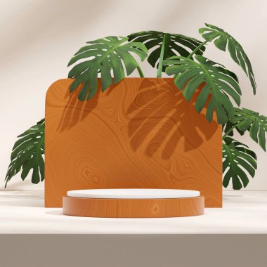 Kare yerleşim alanı beyaz duvar ve canavar 3 boyutlu resim boş maketi beyaz ve ahşap desenli podyum