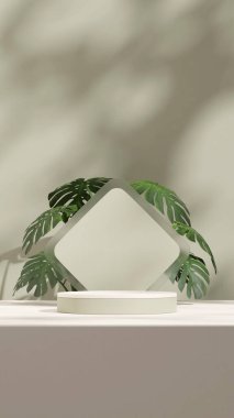 Yeşil canavarın ve 3D duvarın portresi. Model alanı beyaz ve yeşil yuvarlak podyum.