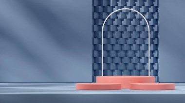 Pembe silindir podyumun beyaz kemerli ve mavi duvarlı 3D görüntüsü.