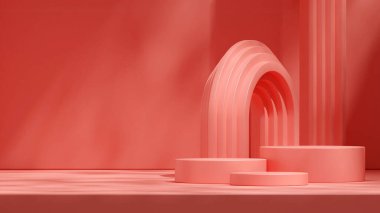 3B görüntü, arka planda kemer olan parlak pembe silindir podyumun boş sahnesini oluşturur
