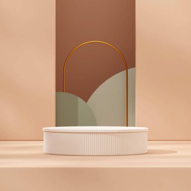 Altın kemer, kahverengi ve yeşil duvar. 3D, kare şeklinde beyaz yuvarlak silindir podyum.