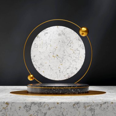 Beyaz mermer daireli, siyah mermer silindir podyum ve altın rengi 3D canlandırma sahnesi
