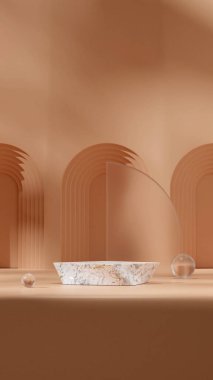 3D görüntüyü portre küresi ve yuvarlak cam kemer şeklinde beyaz mermer kürsüye dönüştür