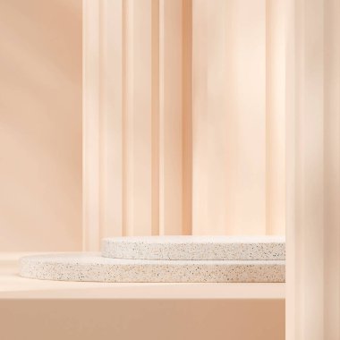 Doğa terrazzo desenli podyum kare parlak sütun arka planı 3D canlandırma sahnesi