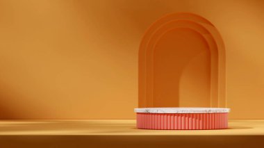 Sarı geometrik duvarlı, mermer ve pembe podyumun 3 boyutlu görüntü oluşturma şablonu