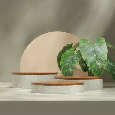 Alocasia ev bitkisiyle kare şeklinde yeşil terrazzo desenli podyum, 3D modelleme şablonu