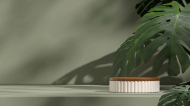 Manzaradaki beyaz ve ahşap desenli boş alan. Canavarlar ve yeşil duvarlı, 3 boyutlu.