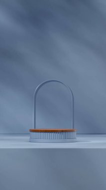 Mavi kemer ve duvarlı portrede 3 boyutlu boş tahta silindir podyum