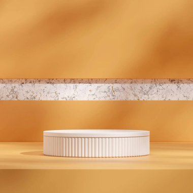 Mermer ve sarı arkaplan duvarı 3D boş model beyaz podyum kaidesini kare şeklinde yap