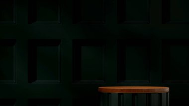 Sahne maketi zarif ahşap ve altın podyum peyzaj koyu yeşil duvar 3D görüntü