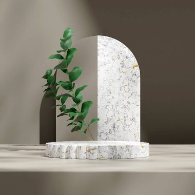 Kare yeşil yapraklı beyaz sütun mermer podyum ve gri kemer boş sahneyi canlandırıyor