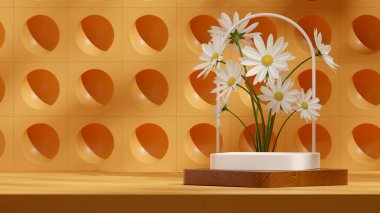 Blank mockup white and wooden podium in landscape daisy flower and yellow wall 3D image render clipart