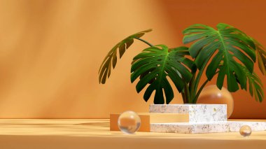 Manzara canavarı beyaz mermer blok podyum ve cam top 3D görüntüleme şablonu