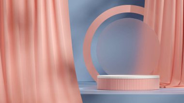 Buzlu cam ve mavi duvar 3D canlandırma sahnesi manzarada beyaz ve pembe podyum