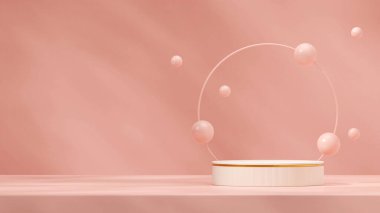 Yüzen pembe top ve halkanın peyzaj düzeni 3D model uzayı beyaz ve altın podyum