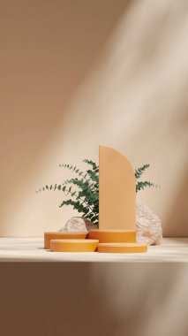 3D görüntü oluşturma sahnesi portrede turuncu renkli kıvrımlı silindir podyum yarı kemer ve kayalar