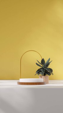 Boş maket ahşap dokusu eğimli silindir podyum arka planda portre kabı, 3d render