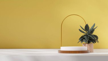 boş model ahşap doku eğimli silindir podyum peyzaj kapında arkaplan, 3d render