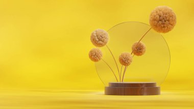 Ahşap doku eğimli silindir podyum peyzaj dairesi arkaplan, 3d görüntü boş boşluk oluşturur