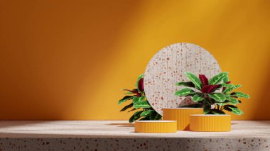 çember arkaplan, 3D modelleme uzay terrazzo dokusu eğri silindir podyumu manzarada