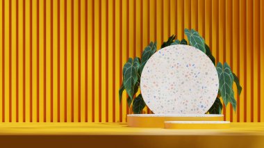 3D görüntü boş sahne terrazzo desenli kıvrımlı silindir podyumu peyzaj daireleri şeklinde.