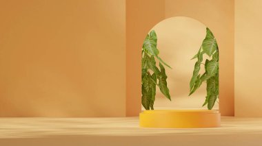 3D görüntüleme sahne şablonu sarı renkli kıvrımlı silindir podyum duvardaki manzara kemeri