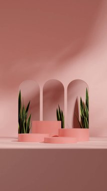 kavisli kapı kemerleri, portrede 3D boş modelleme pembe renkli kıvrımlı silindir podyumu