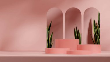 kavisli kapı kemerleri, manzarada 3D boş modelleme pembe renkli kıvrımlı silindir podyumu