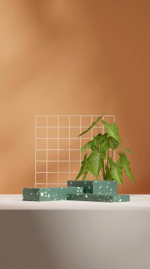 Portre şebeke arka planında, 3D canlandırma sahnesi terrazzo desen blok şekli podyum