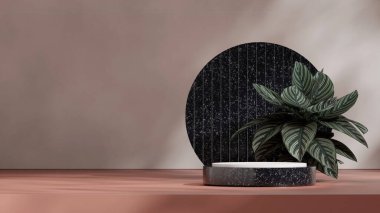 3D biçimlendirme uzay mermer dokusu eğri silindir podyumu peyzaj dairesi arka planında