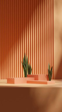 merdiven ve duvar, 3D görüntüyü boş görüntüle portrede turuncu renk bloğu şeklinde podyum