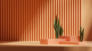 merdiven ve duvar, 3D görüntü boş görüntüleme turuncu renk bloğu manzara podyumu