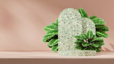 3D görüntü düzenleme şablonu terrazzo desen eğri silindir podyumu peyzaj kemeri arka planında